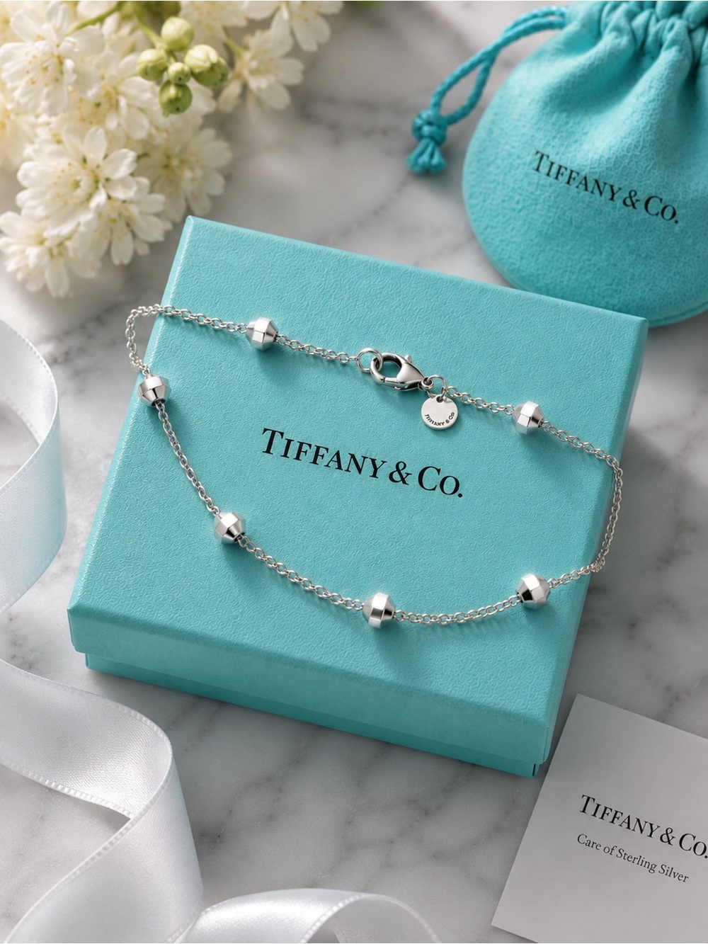 Rare Retired Tiffany & Co. Barrel Bead Station Bracelet Sterling Silver 7.5”